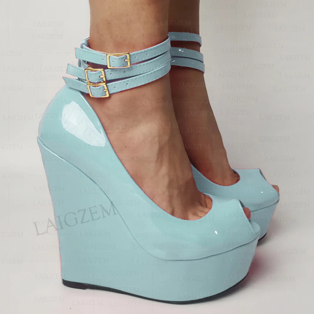 LAIGZEM Women Platform Wedges Pumps Ankle Straps Shiny Peep Toe High Heels Sandals Ladies Height Increase Shoes Woman Large Size