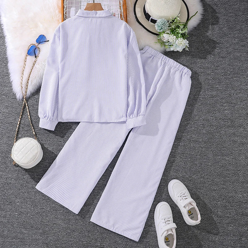 Spring Hot Sale Kids Outfit 4-12 Years Girls Striped Long Sleeve Chemise + Casual Loose Straight Leg Pants Shirt Suit 2Pcs Set