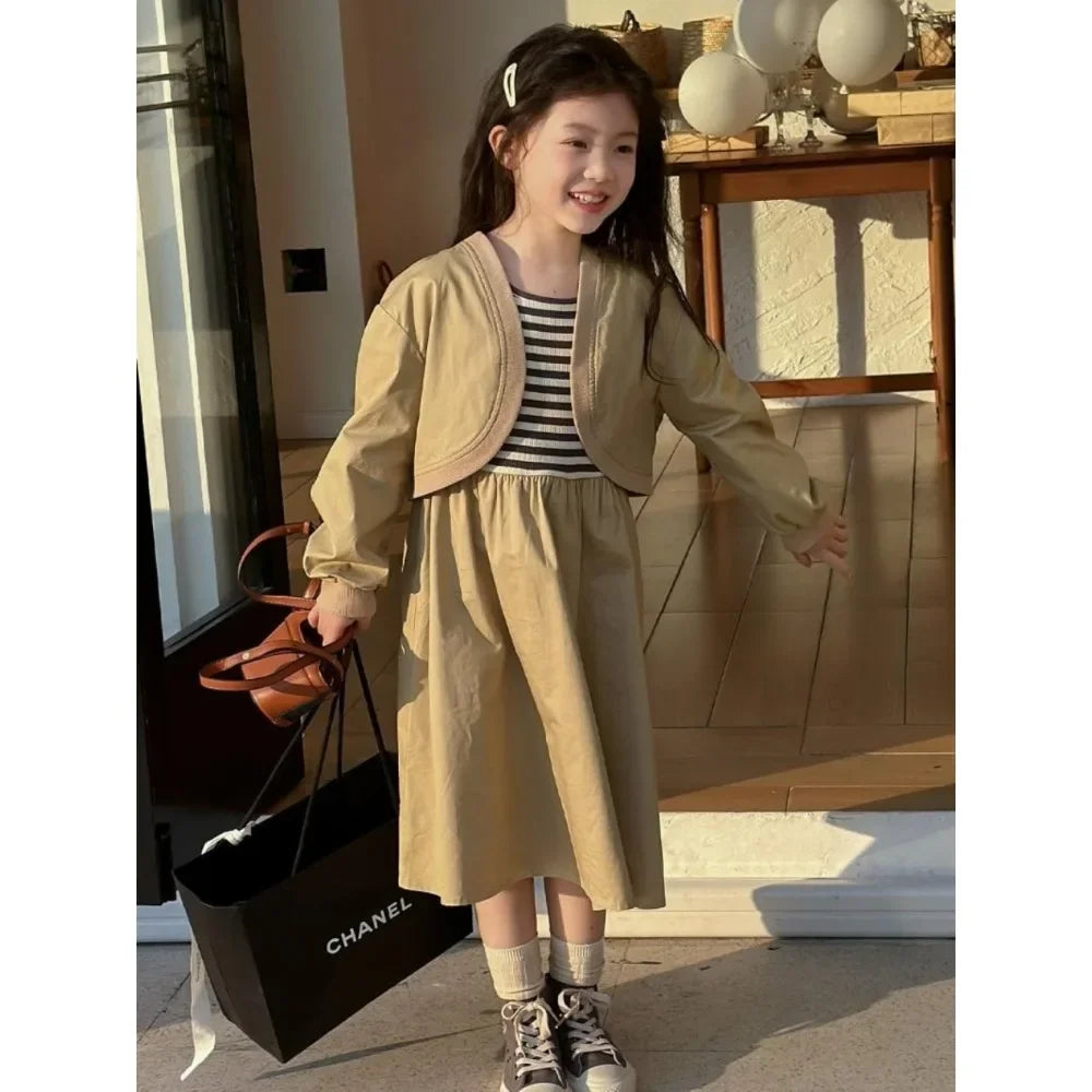 4 5 7 9 11 13-year-old Girl's Casual Clothes 2025 Autumn New Suspender Striped Vest Dress+khaki Jacket Two-piece Set
