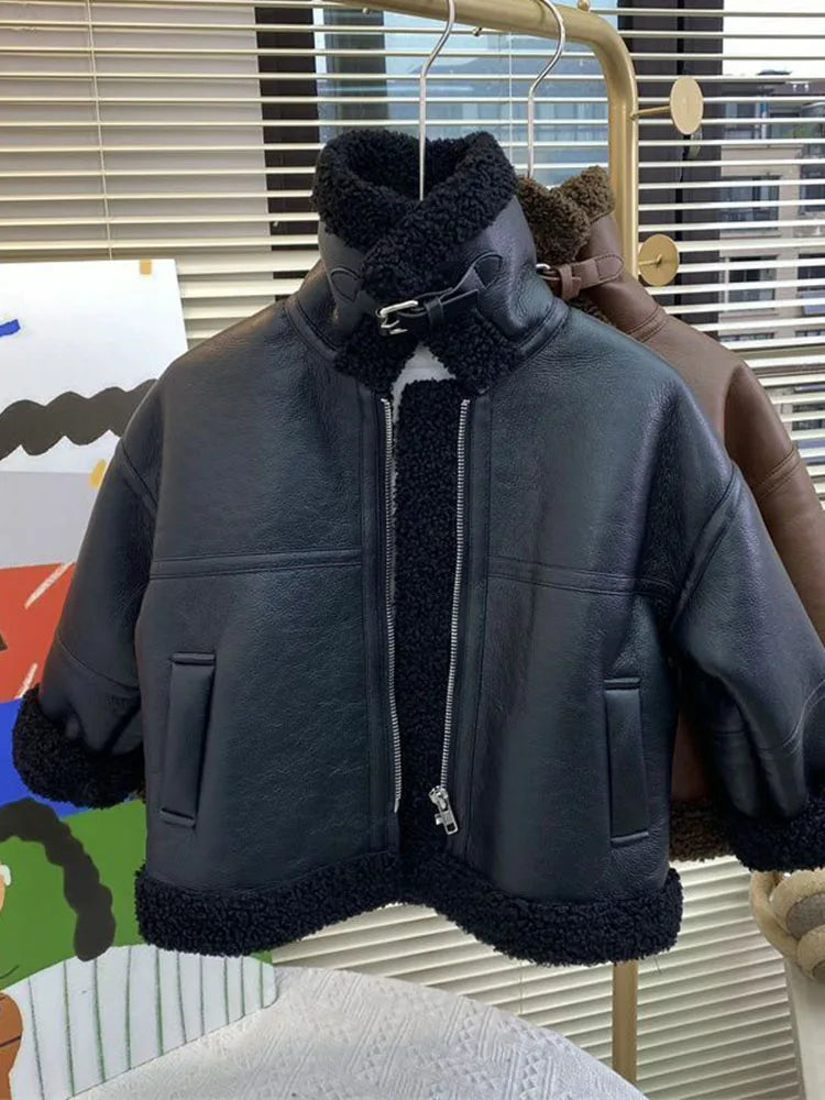 Autumn Winter Boys New Fashion PU Leather Jacket Keep Warm Thicken  Winter Coats PU Leather  Girls Warm Fleece Jacket