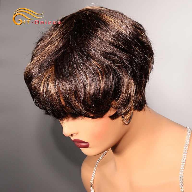 Grey Human Hair Wigs Short Pixie Cut Wig Human Hair For Black Women Machine Made Wigs With Bangs Colored Short Bob Wigs