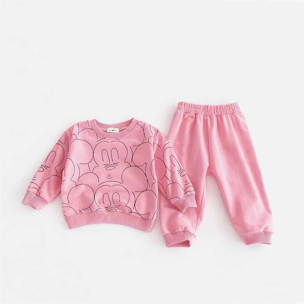0-3Age Child Clothing Full Print Sweatshirts Solid Color Pants New Cartoon Hoodie All-match Pants Outer Wear Kids Two Piece Set