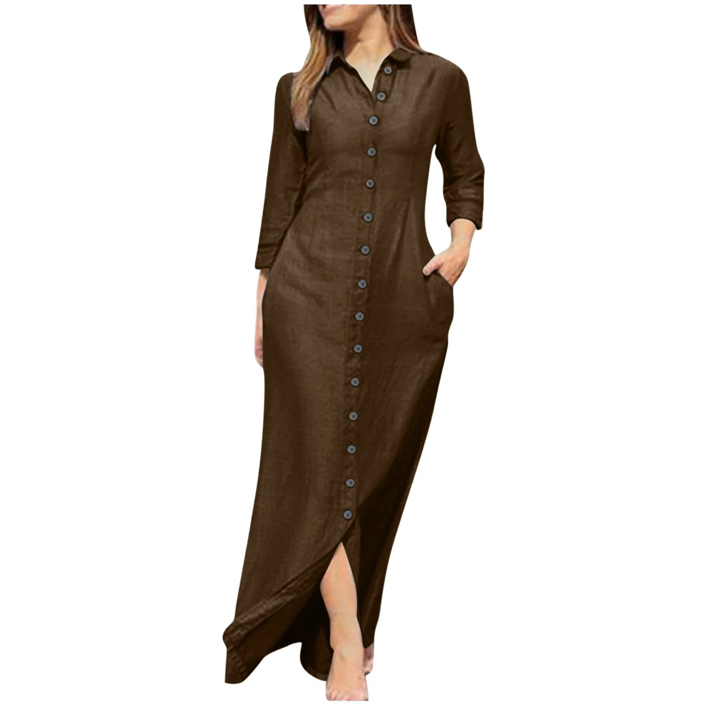 Autumn Women's Clothing Style Elegant Fashionable Neutral Style Long Sleeved Lapel Cardigan Solid Color Long Cotton Linen Dress