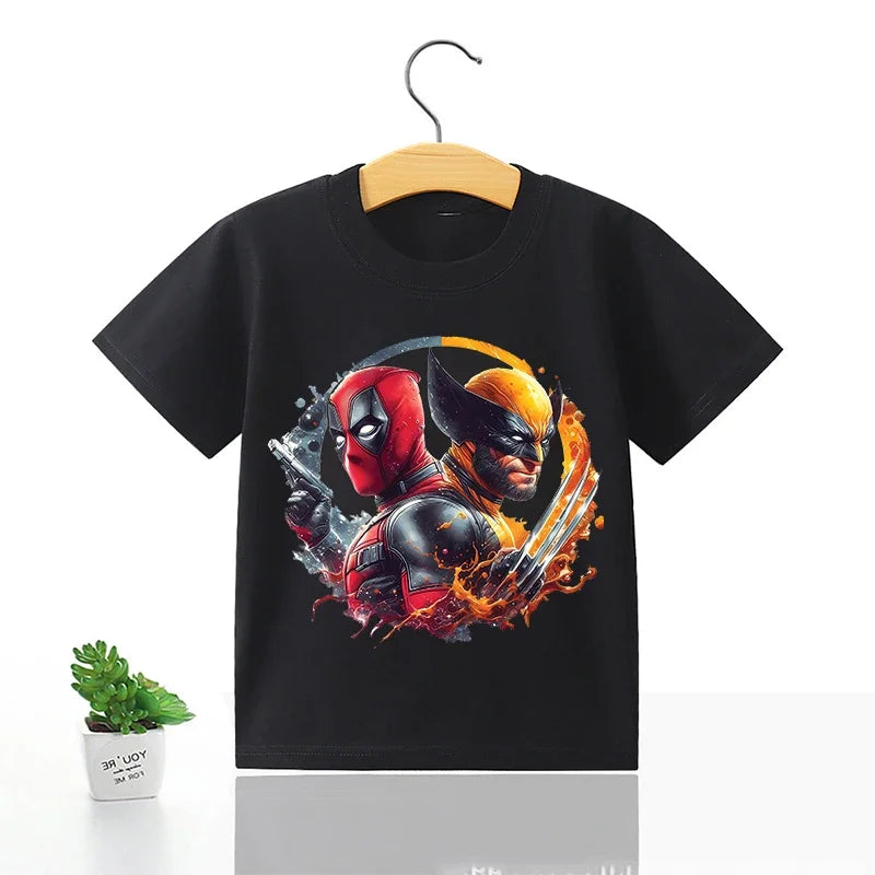 Deadpool & Wolverine Black T-shirt  Summer Pop Clothing Cartoon Round Neck Loose Marvels Movie Character Children Birthday Gift