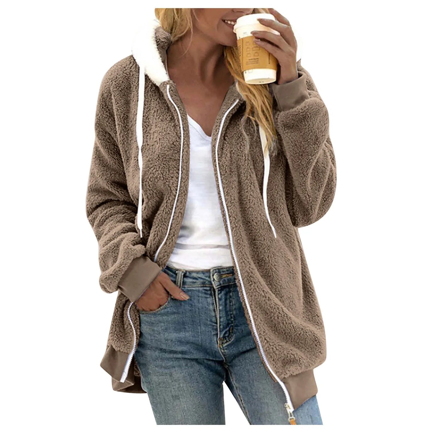 Winter Fashion Women's Coat New Casual Hooded Zipper Ladies Clothes Cashmere Women Fleece Jacket Solid Color Ladies Coats