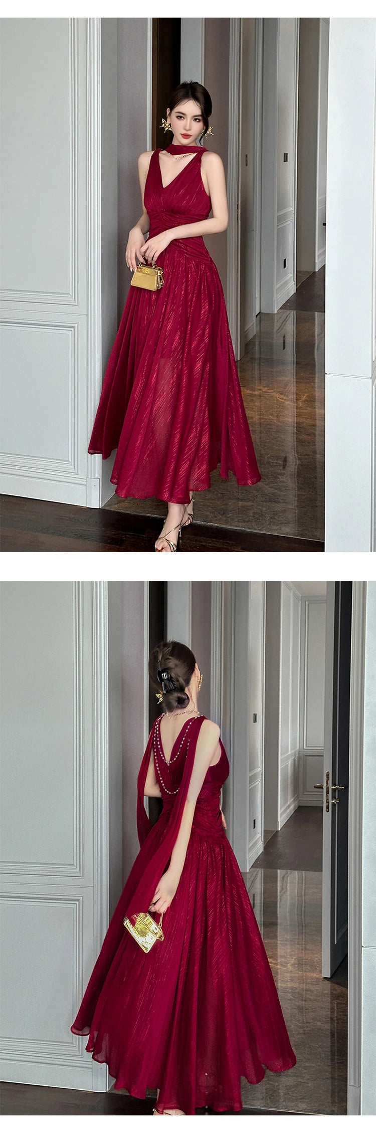 New Summer Chiffon Bright Silk Red Gown Evening Dress Women Clothes Elegant Sexy Tank V-Neck A-Line Maxi Robe Party Prom Vestido