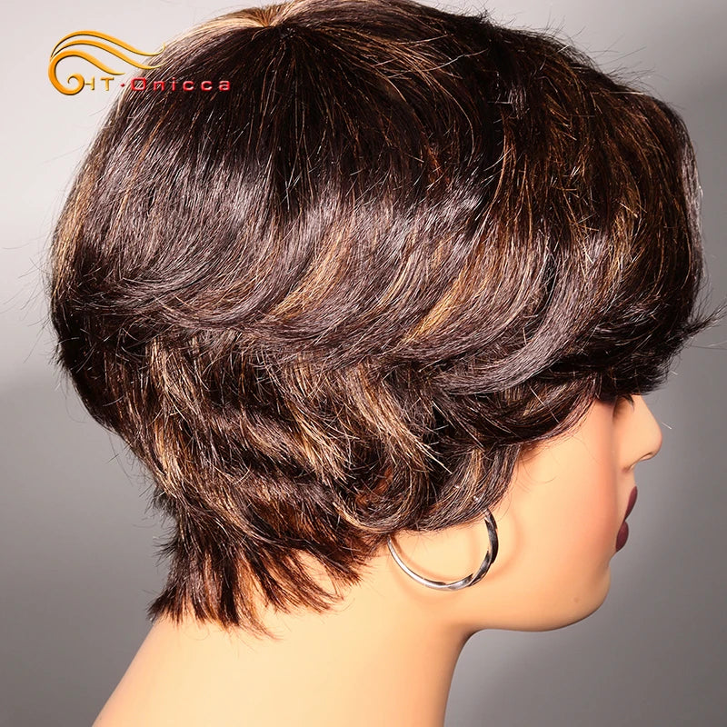 Grey Human Hair Wigs Short Pixie Cut Wig Human Hair For Black Women Machine Made Wigs With Bangs Colored Short Bob Wigs