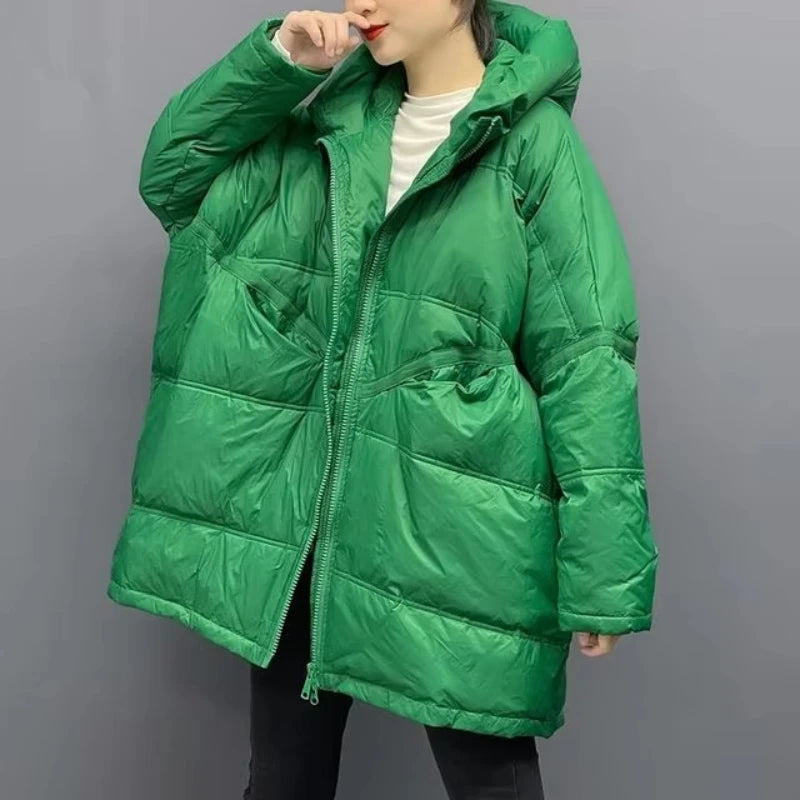 New Winter Jacket Women Parkas Hooded Coat Korean Drawstring Zipper Loose Coat Pockets Thicken Warm Casual Coats Trend A49