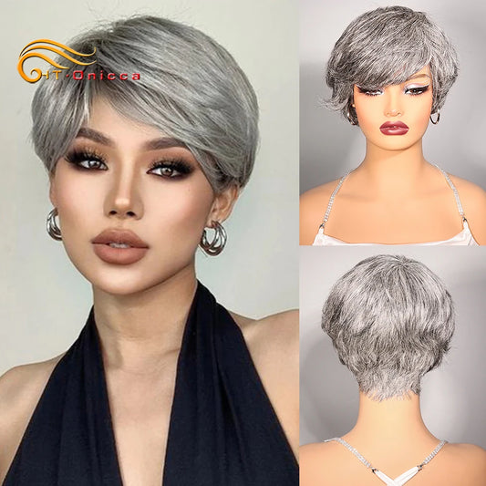 Grey Human Hair Wigs Short Pixie Cut Wig Human Hair For Black Women Machine Made Wigs With Bangs Colored Short Bob Wigs