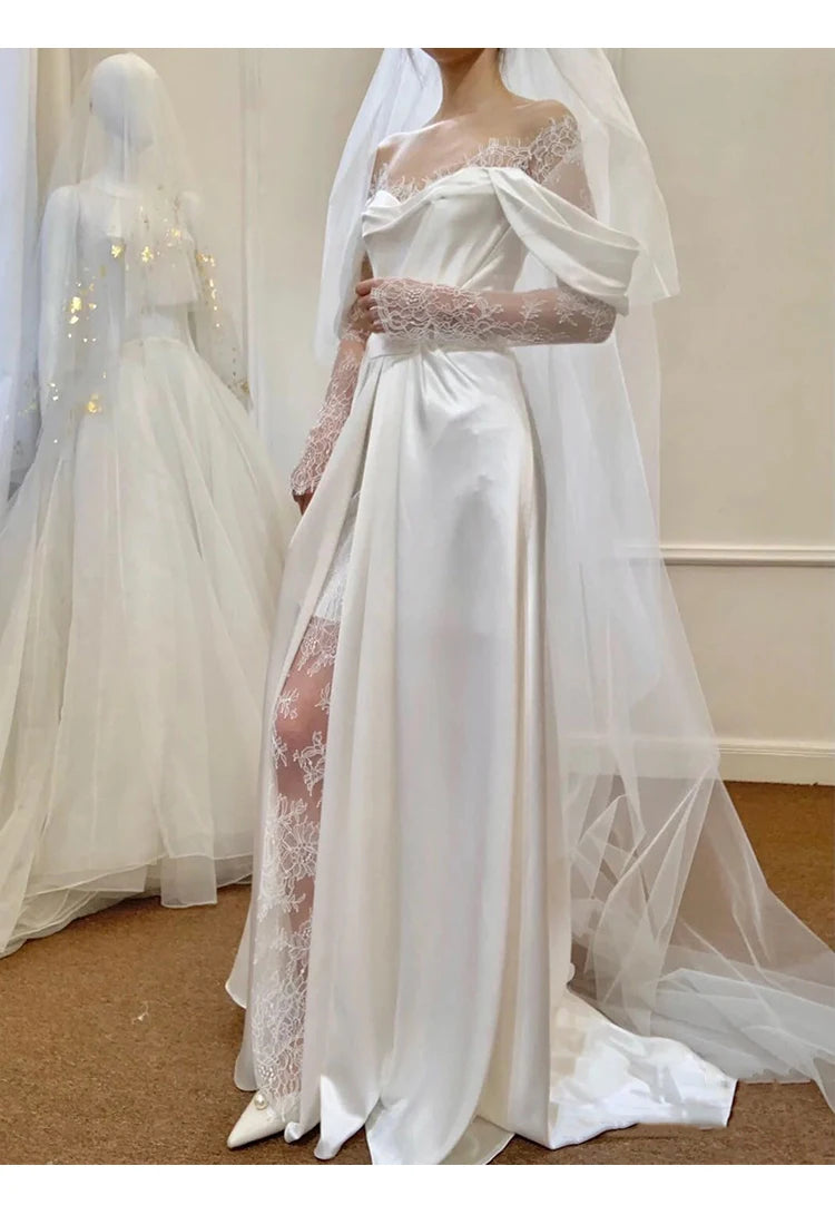Satin Wedding Dresses With Small Train Vintage Lace Bride Dress A-line Full Sleeve Boho Wedding Gowns Vestido  Noiva Customized