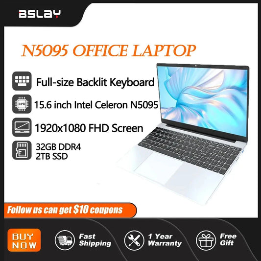 Laptop Intel N5095 15.6 Inch 32GB RAM 2TB SSD DDR4 Windows 11 Fingerprint Unlock Backlit Keypad HD Camera BT4.2 Computer PC