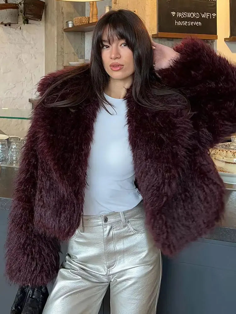 HH Winter Female Street Fashion Warm Coats Long Sleeves Hidden Buttons Lapel Plush Casual Artificial Fur Effect Retro Coat