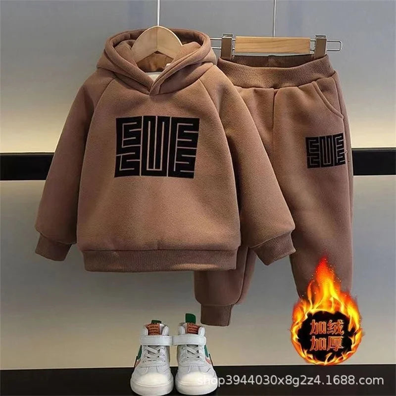 Winter Boys Padded Sets Children's Thicken Suit Autumn Fleece Hooded Sweatshirt Sweatpants 2 Pieces Kids New Warm Outfit