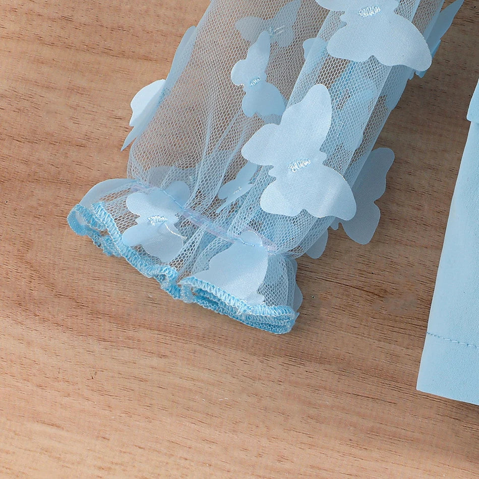 Children Clothing Stylish Girls Kids Autumn Winter Long Sleeve Bow-Tie Mesh-Sleeved Suit Pant Set Everyday Wear Children Sets