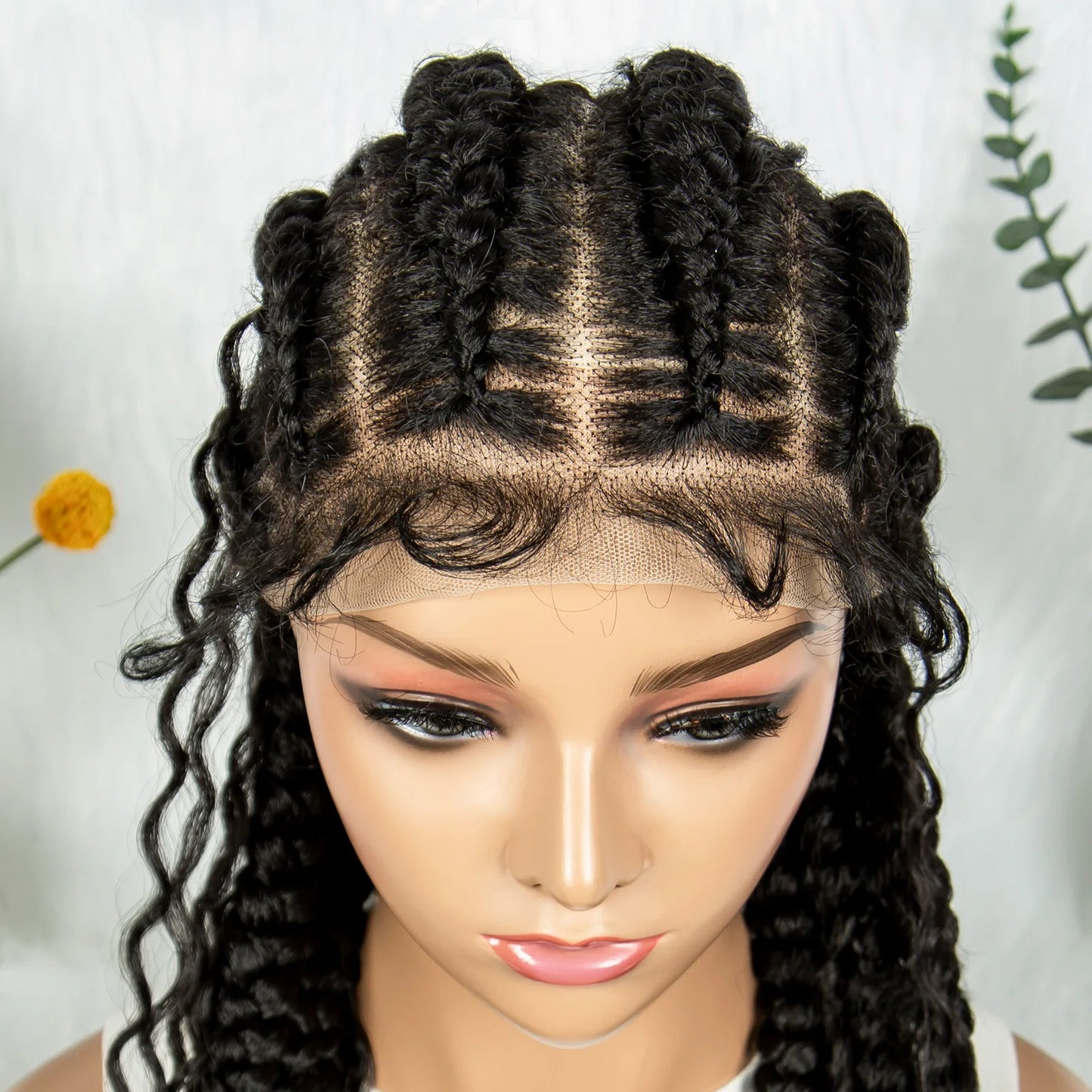 Cornrow Braided Wigs with Curly Ends Knotless Lace Frontal Braids Wig Synthetic Full Lace Braided Wigs with Baby Hair for Women