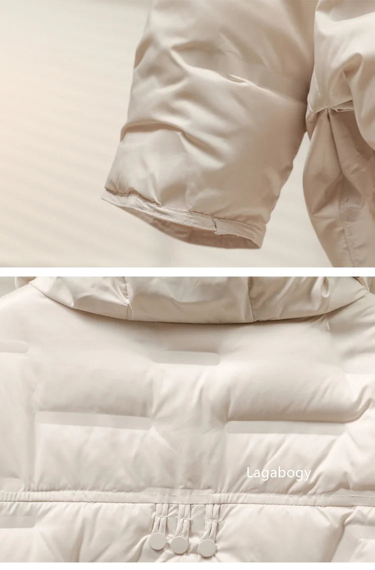 Lagabogy 2025 Autumn Winter Women White Duck Down Coat Casual Single Breasted Hooded Jacket Female Light Puffer Parka Outwear