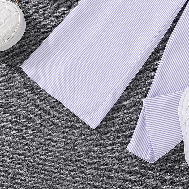 Spring Hot Sale Kids Outfit 4-12 Years Girls Striped Long Sleeve Chemise + Casual Loose Straight Leg Pants Shirt Suit 2Pcs Set
