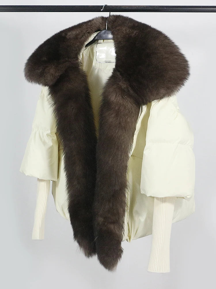 OFTUBY 2023 White Duck Down Jacket Winter Women Warm Loose Coat Natural Real Fox Fur Collar Thick Luxury Outerwear New Fashion