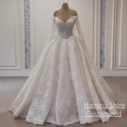 Ball Gown Lace Wedding Dresses for Woman Bride Customized Long Sleeves V Neck Pearls Corset Bridal Gown Vestidos De Novia