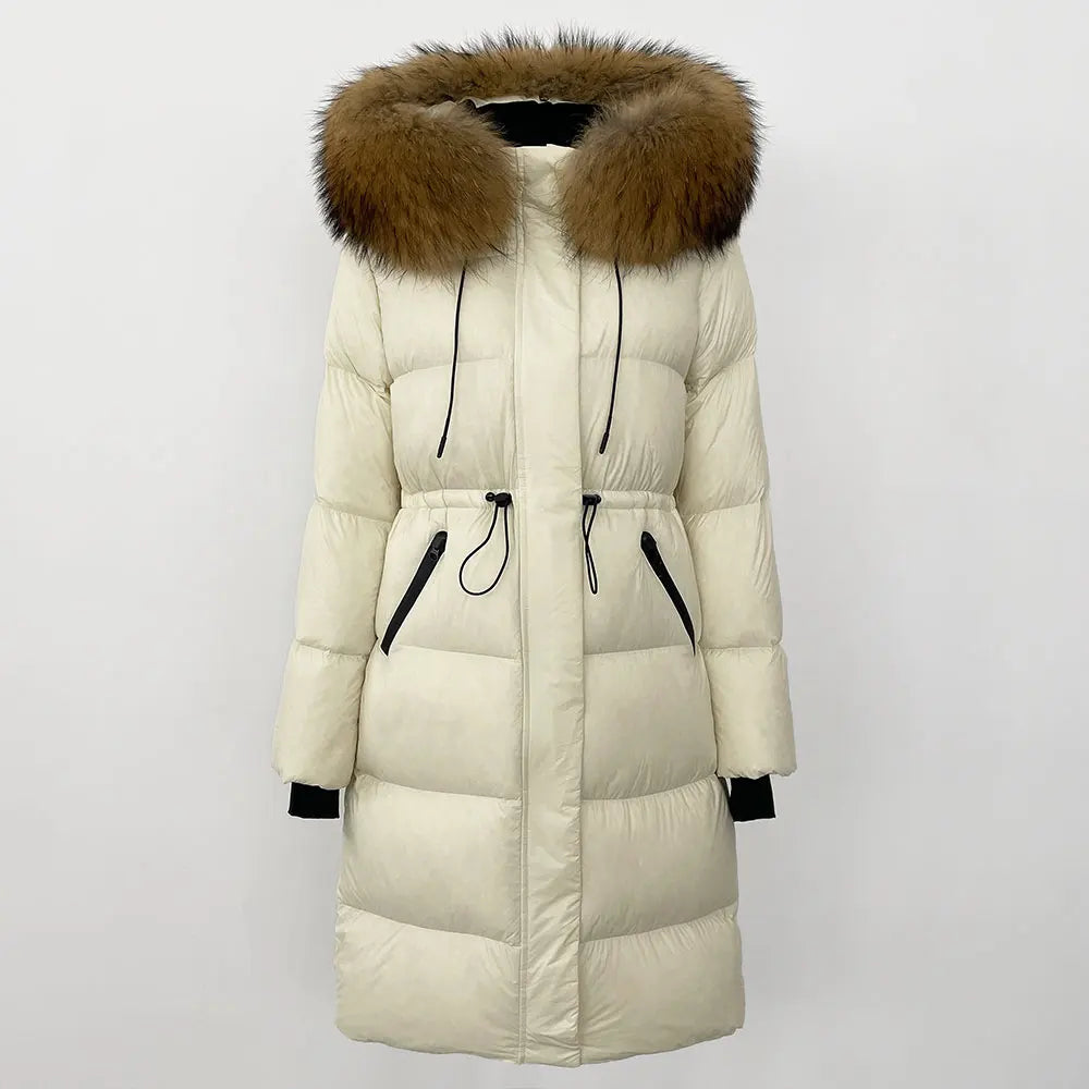 2024 Winter New  Casual Fashion Slim Warm Jacket Female White Duck Down Real Fox Fur Real Raccoon Fur Long Hooded Coat Women