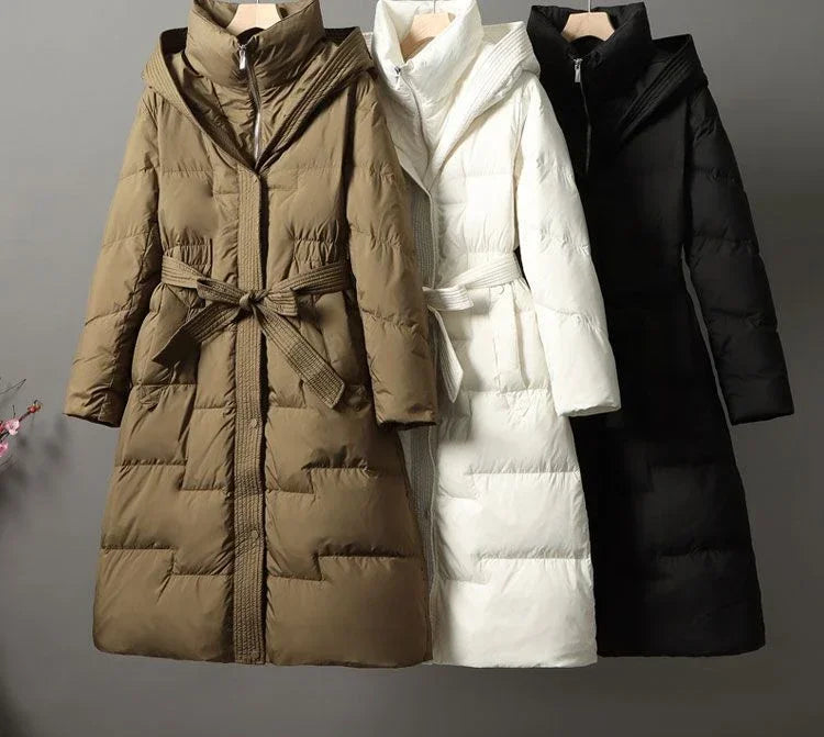 2024 New Winter Women White Duck Down Long Jacket With Belt Female Thick Warm Coat Luxury Slim Parka Hooded Outerwear
