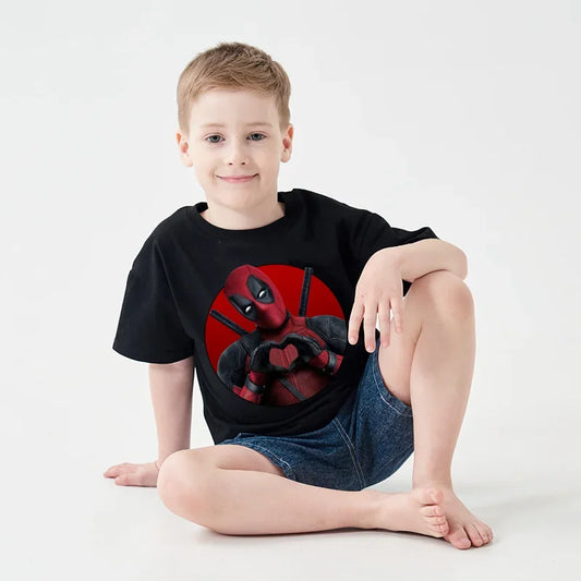 Deadpool & Wolverine Black T-shirt  Summer Pop Clothing Cartoon Round Neck Loose Marvels Movie Character Children Birthday Gift