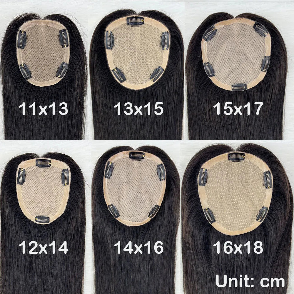 Human Hair Topper Silk Top Remy European Hair Straight Silk Base Full Hand tied Soft Breathable Hair Piece Clips for Women