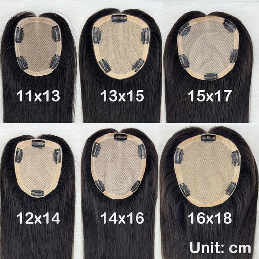 Human Hair Topper Silk Top Remy European Hair Straight Silk Base Full Hand tied Soft Breathable Hair Piece Clips for Women