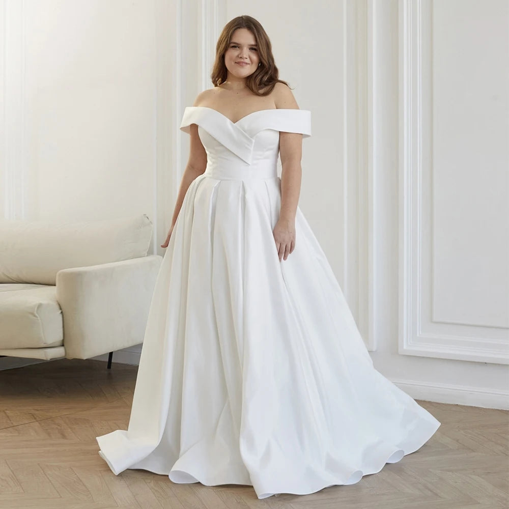 Plus Size Corset Wedding Dress Simple Off The Shoulder V Neck Draped A Line Vestido De Noiva Modern Satin Bride Bridal Gown