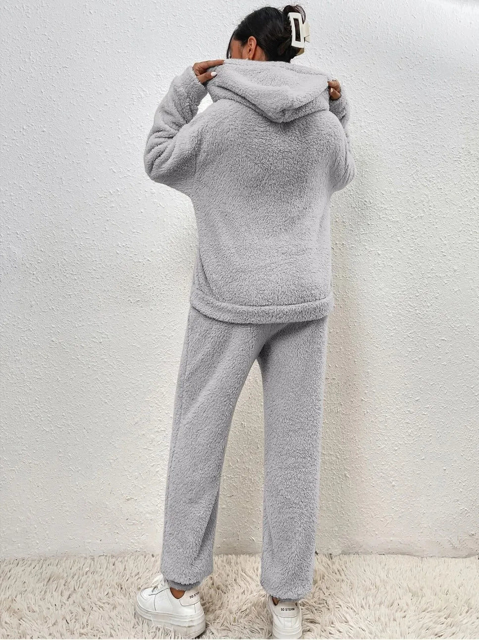 Autumn Winter Fashion Women Casual Hooded Sweatshirt Leg Pants 2 Piece Set Warm Furry Plush Trousers Suit Female Outfit