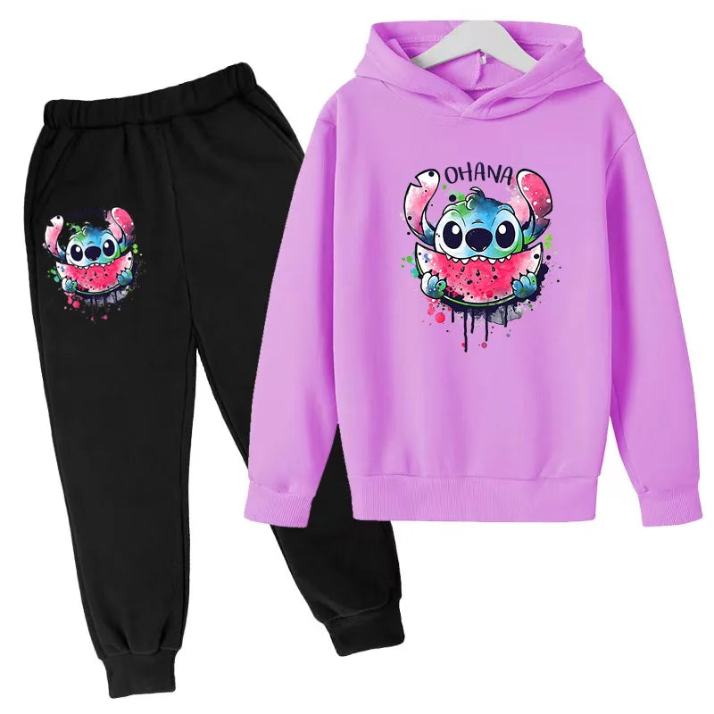 New Cute Stitch Hoodies Sweatshirts Girls Clothes Children's Clothing Sets Child Girl Tops+Pants 2 Pcs Suits Boys Tracksuits Set