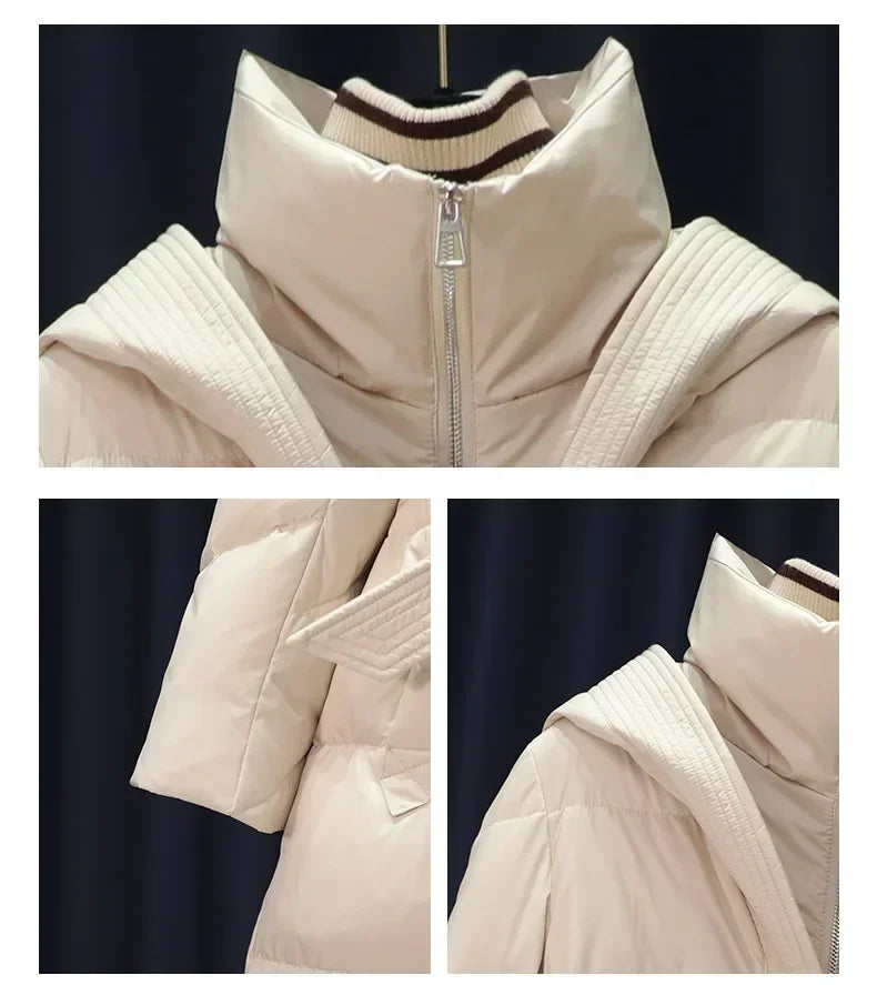 2024 New Winter Women White Duck Down Long Jacket With Belt Female Thick Warm Coat Luxury Slim Parka Hooded Outerwear