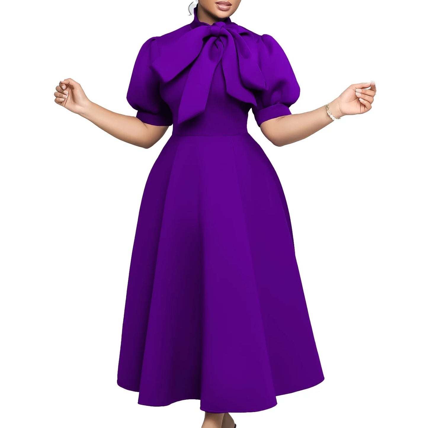 Elegant Party Dresses for Woman 2024 Luxury Bow Collar Short Sleeve High Waisted A Line Pleated Ankle Length Birthday Party Robe