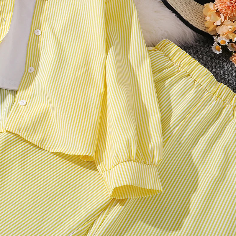 Spring Hot Sale Kids Outfit 4-12 Years Girls Striped Long Sleeve Chemise + Casual Loose Straight Leg Pants Shirt Suit 2Pcs Set