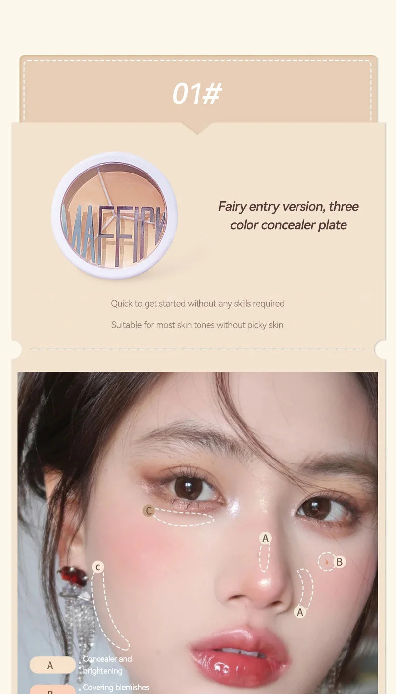 Maffick 3-Color Concealer, Provides Covering Concealer and Moisturizing, Covering Concealer with Concealer Foundation, Non-Fitting Powder, Also Available for Dry Impaired. Is Waterproof