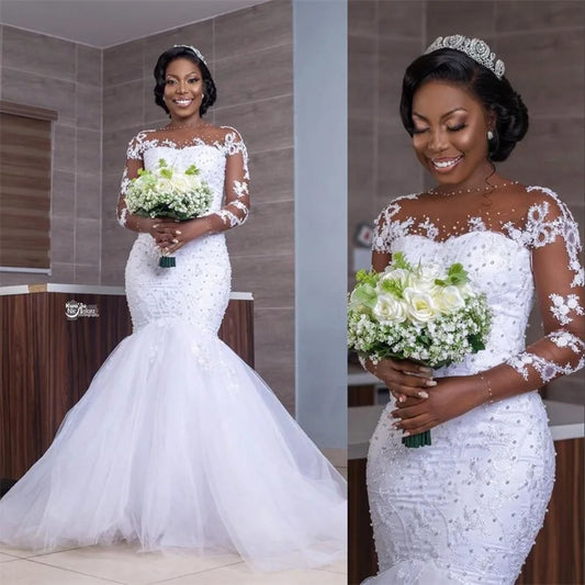 Customized African Luxury Beading Mermaid Wedding Dress Long Sleeve Appliques Pearls Wedding Gowns Black Bride Vestido de noiva