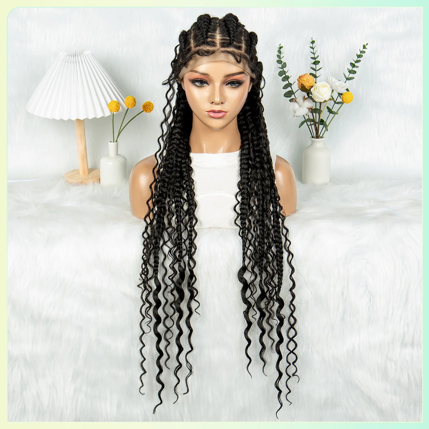 Cornrow Braided Wigs with Curly Ends Knotless Lace Frontal Braids Wig Synthetic Full Lace Braided Wigs with Baby Hair for Women