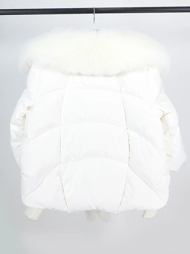 OFTUBY 2023 White Duck Down Jacket Winter Women Warm Loose Coat Natural Real Fox Fur Collar Thick Luxury Outerwear New Fashion