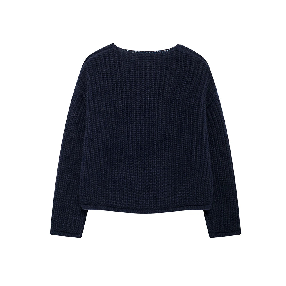 TRZA-Women's Long Sleeve Knit Cardigan Sweater, Gold Buttons, Front Patch Pockets, O Neck, Female Outerwear, Chic Tops, Fashion