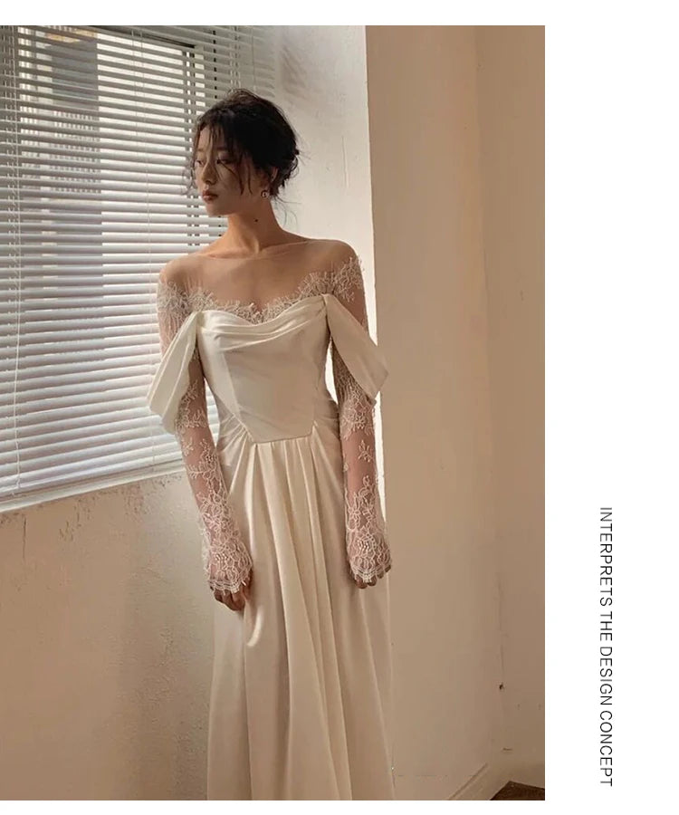 Satin Wedding Dresses With Small Train Vintage Lace Bride Dress A-line Full Sleeve Boho Wedding Gowns Vestido  Noiva Customized