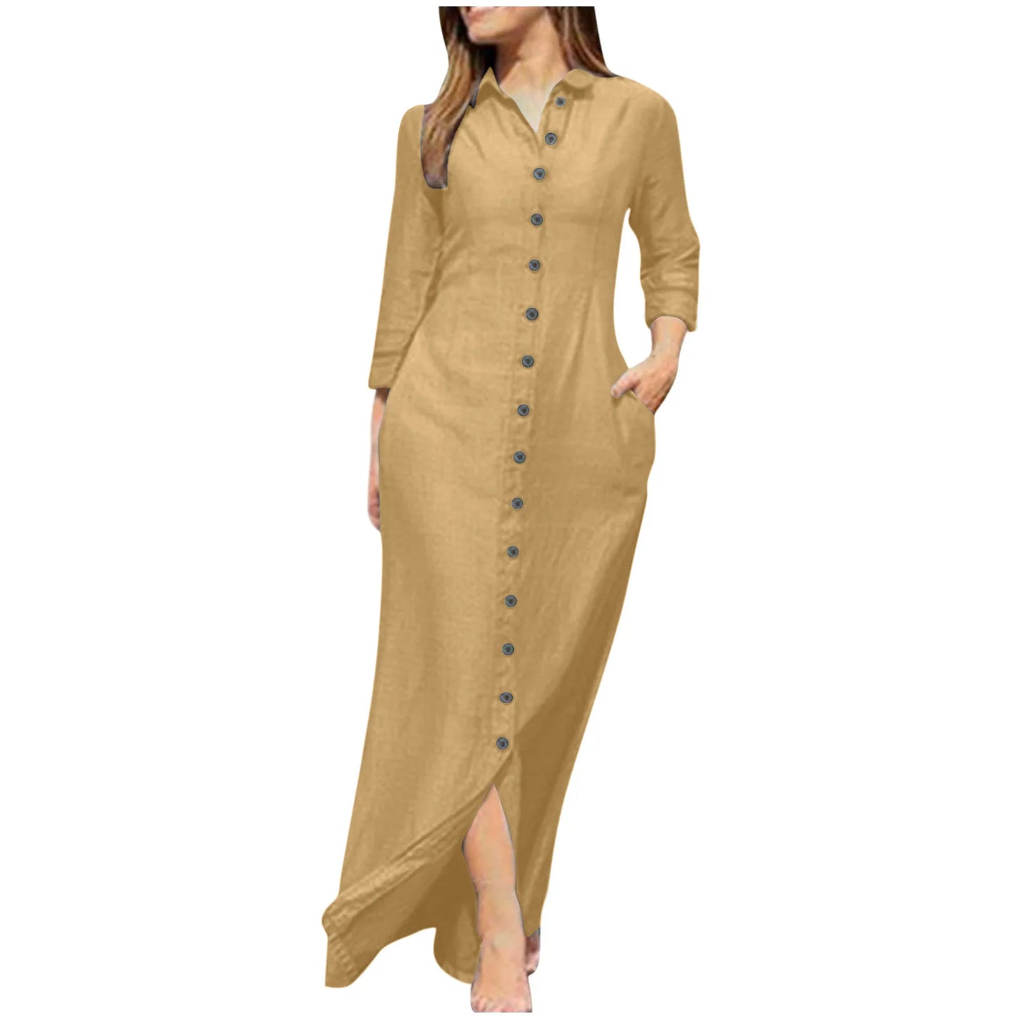 Autumn Women's Clothing Style Elegant Fashionable Neutral Style Long Sleeved Lapel Cardigan Solid Color Long Cotton Linen Dress