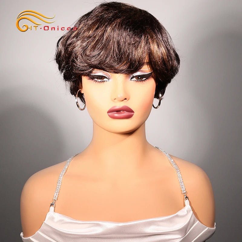 Grey Human Hair Wigs Short Pixie Cut Wig Human Hair For Black Women Machine Made Wigs With Bangs Colored Short Bob Wigs