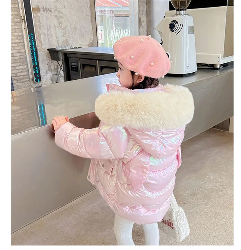 New Winter Coats Girls Warm Long Down Jackets Kids Fashion Unicorn Shiny Waterproof Parka Children Fur Collar Hooded Outerwear