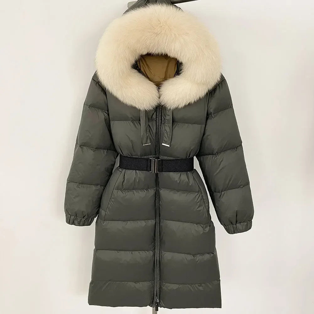 New Winter 2024 Warm 90 White Duck Down Coat Female Cold Lady Real Fur Coat Women Hooded Long Natural Fox Fur Puffer Jacket