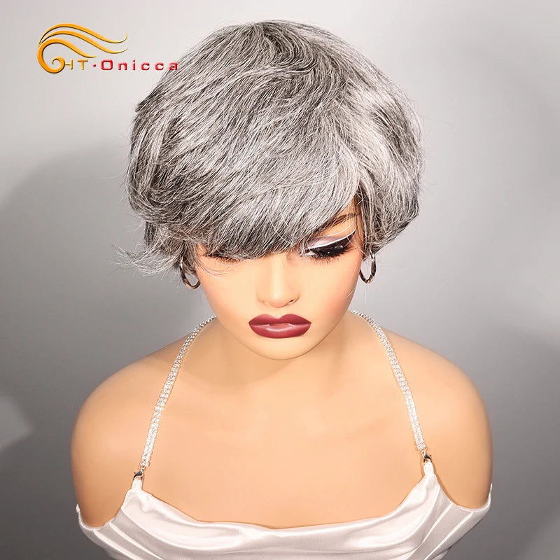 Grey Human Hair Wigs Short Pixie Cut Wig Human Hair For Black Women Machine Made Wigs With Bangs Colored Short Bob Wigs