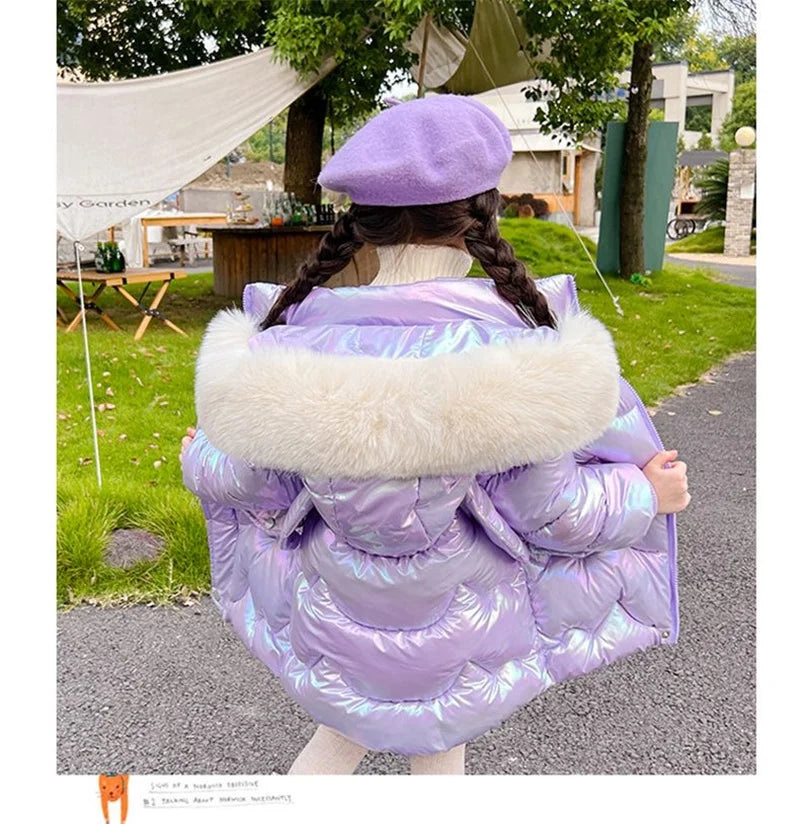 New Winter Coats Girls Warm Long Down Jackets Kids Fashion Unicorn Shiny Waterproof Parka Children Fur Collar Hooded Outerwear