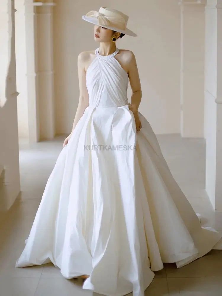 Luxury French White Satin Trailing Bride Wedding Dress Sexy Halter Backless Ball Gown Wedding Evening Prom Dresses for Women