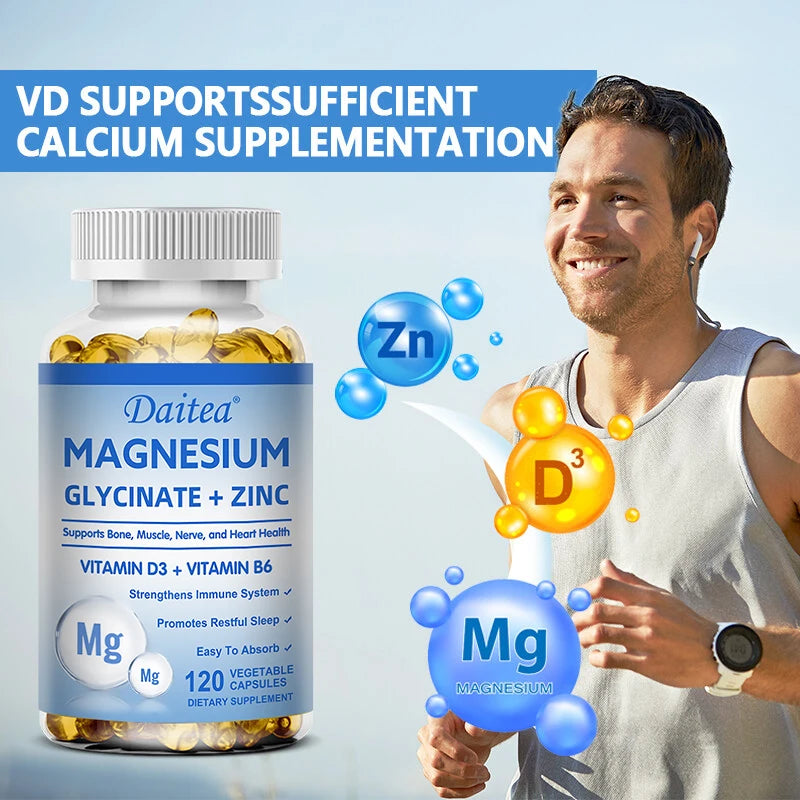 Daitea Magnesium and Zinc Capsules - Magnesium Glycinate Supplement to Support Muscle, Nerve, Joint and Heart Health