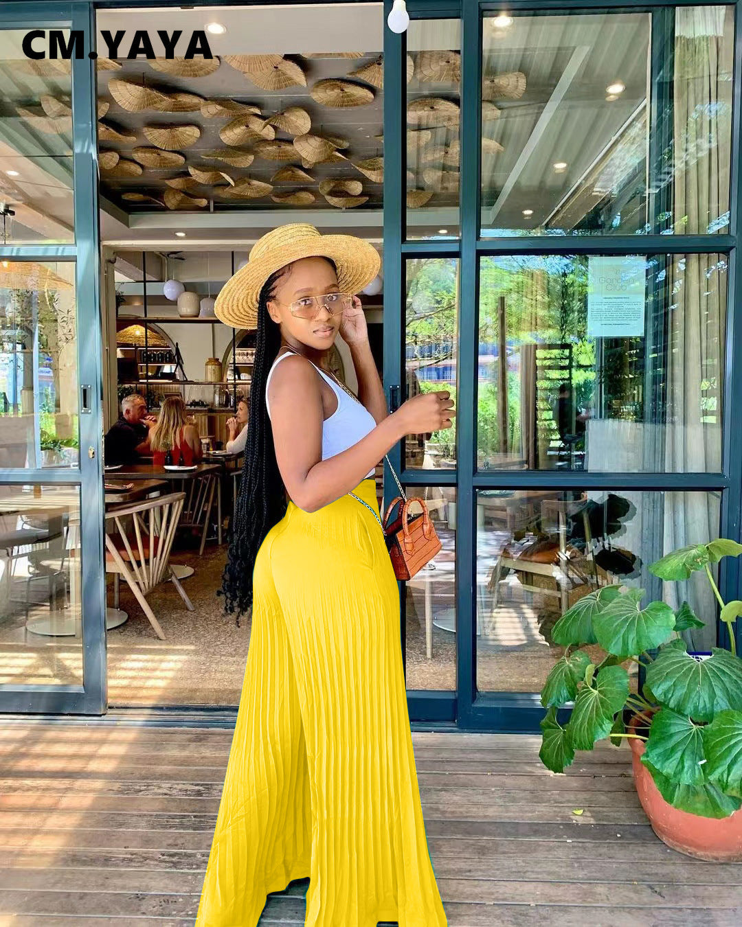 CM.YAYA Elegant Wide Leg Straight High Waist Pleated Pants  Women 2022 Summer New Beach Holiday Boho Trousers