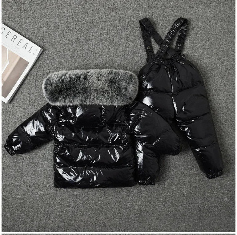 New Winter 2023 Kids Boutique Clothing 2 Pieces Sets Down Jacket Suspender Trousers Big Fur Collar Warm Soft Unisex Ski Suit